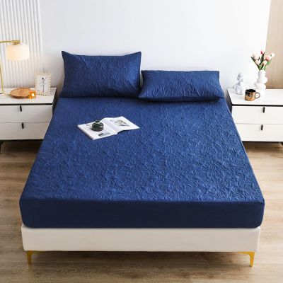 FCLDESHOP Comfortable Bed Sheet,Pure Color Quilted Waterproof Bed Sheet, Children's Bedroom Cartoon Print Urine-Proof Mattress Protector,Blue,200 * 200cm+30cm (3pcs)