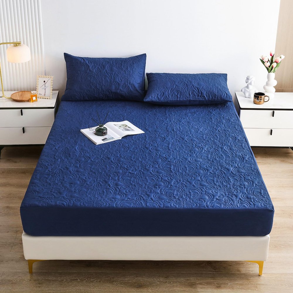 FCLDESHOP Comfortable Bed Sheet,Pure Color Quilted Waterproof Bed Sheet, Children's Bedroom Cartoon Print Urine-Proof Mattress Protector,Blue,200 * 200cm+30cm (3pcs)