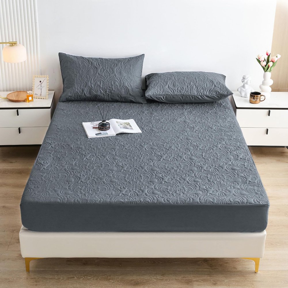 FCLDESHOP Fitted Deep Pocket Sheet,Pure Color Quilted Waterproof Bed Sheet, Children's Bedroom Cartoon Print Urine-Proof Mattress Protector,Grey,180 * 200cm+30cm (3pcs)