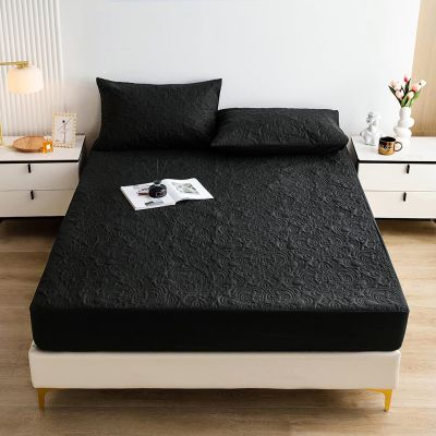 FCLDESHOP 4-Way Stretchy Snug Fit,Pure Color Quilted Waterproof Bed Sheet, Children's Bedroom Cartoon Print Urine-Proof Mattress Protector,Black,200 * 200cm+30cm (3pcs)