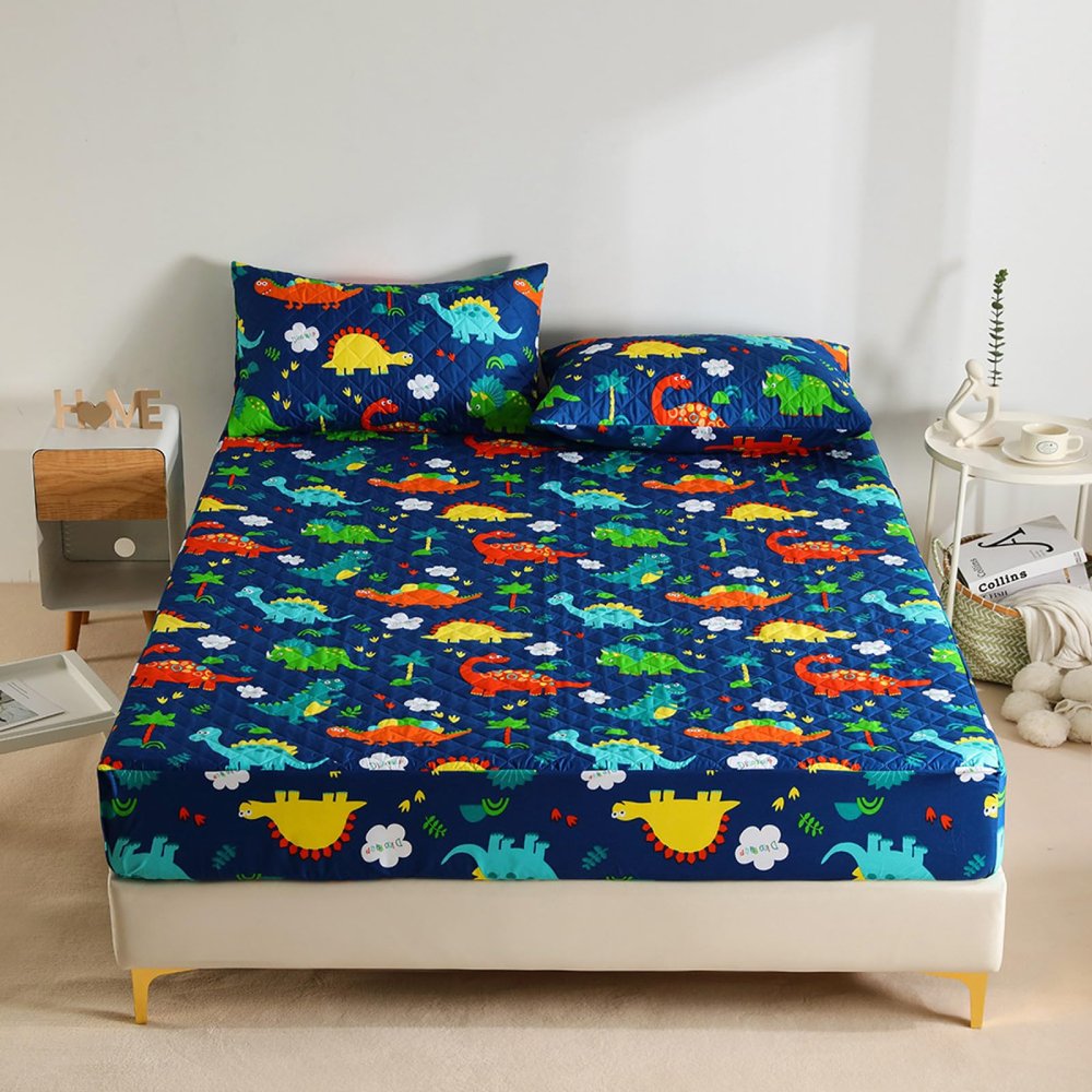 FCLDESHOP Fitted Deep Pocket Sheet,Pure Color Quilted Waterproof Bed Sheet, Children's Bedroom Cartoon Print Urine-Proof Mattress Protector,Dinosaur,90 * 200cm+30cm (1pcs)