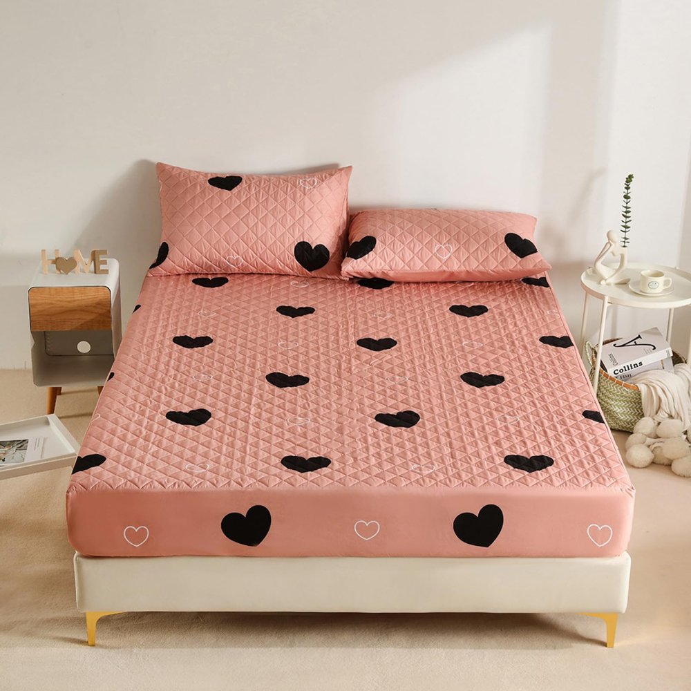 FCLDESHOP Snug Fit Fitted Sheet,Pure Color Quilted Waterproof Bed Sheet, Children's Bedroom Cartoon Print Urine-Proof Mattress Protector,Love,180 * 200cm+30cm (1pcs)