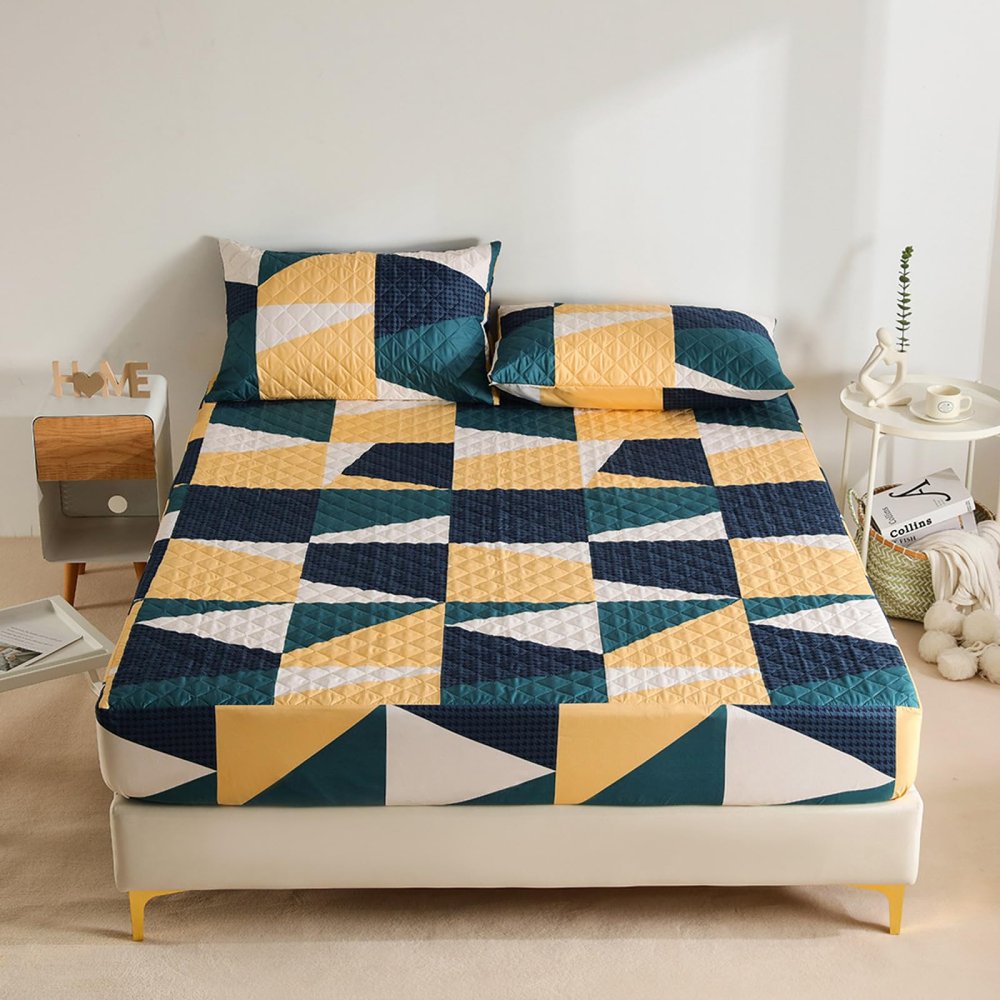 FCLDESHOP Washable Mattress Cover,Pure Color Quilted Waterproof Bed Sheet, Children's Bedroom Cartoon Print Urine-Proof Mattress Protector,Geometry,180 * 200cm+30cm (1pcs)