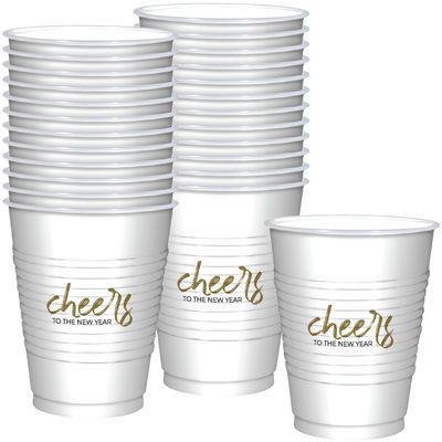 Amscan Cheers To The New Year Printed Plastic Tumbler (18 oz) Pack of 25 - Black, Silver & Gold Party Cups, Ideal for Festive & Holiday Events