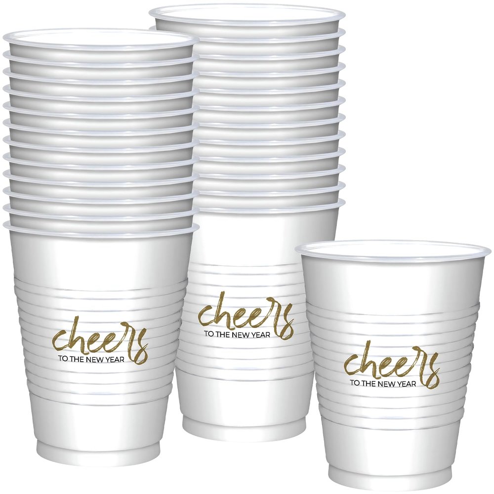 Amscan Cheers To The New Year Printed Plastic Tumbler (18 oz) Pack of 25 - Black, Silver & Gold Party Cups, Ideal for Festive & Holiday Events