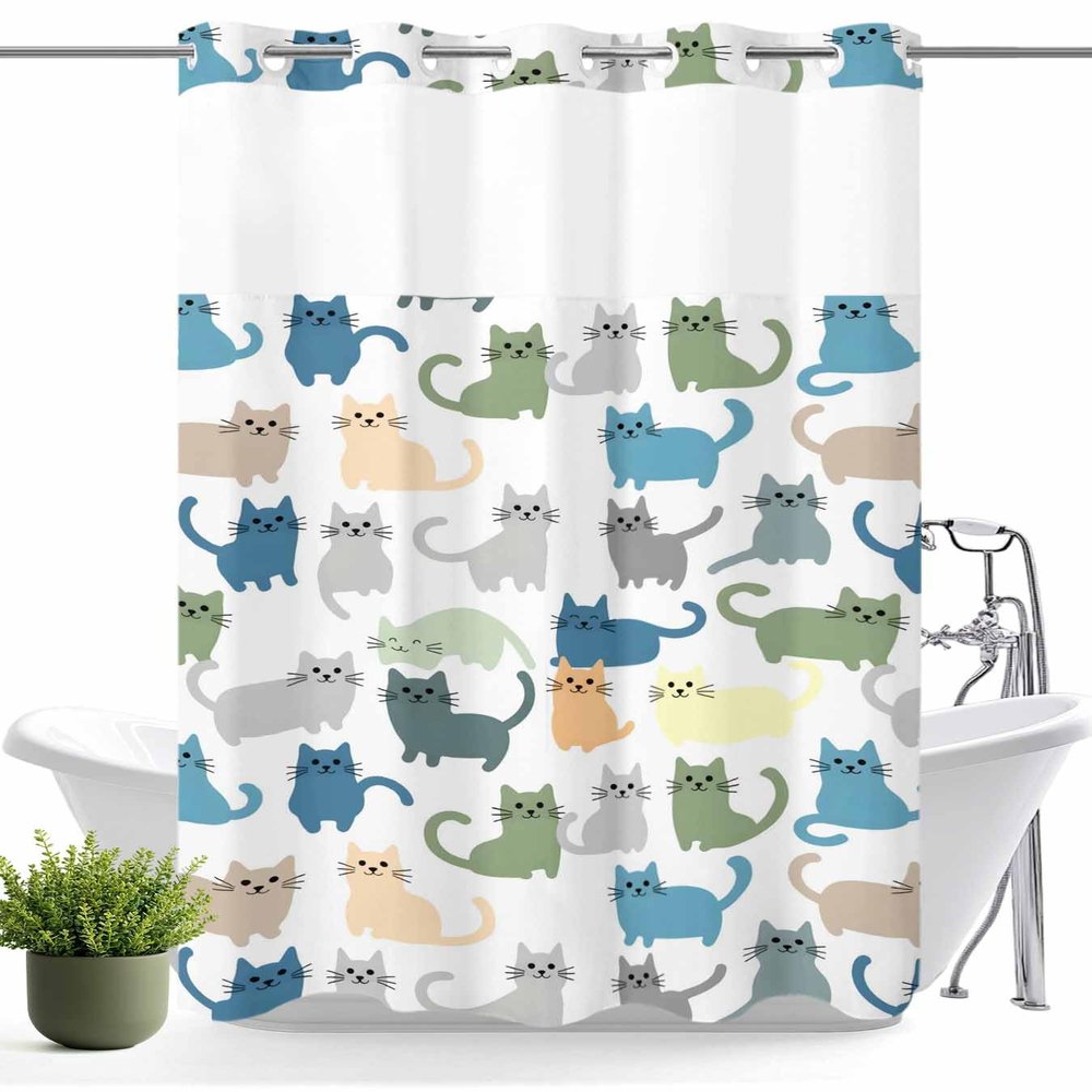 No Hook Waterproof Shower Curtain, Cartoon Lovely Cat Print Washable Cloth Shower Curtain Liner Set, Simple See-Through Top & Double Layers Fabric Shower Curtains for Bathroom Decor, 36x72 Inch