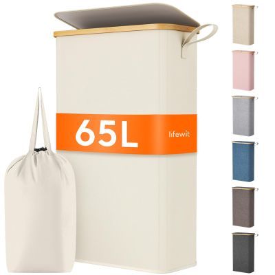 Lifewit 65L Slim Laundry Hamper with Lid, Narrow Laundry Basket with Removable Bag & Bamboo Handles, Fodable Thin Dirty Clothes Hamper for Laundry Collapsible Bin for Bathroom Bedroom Dorm, White