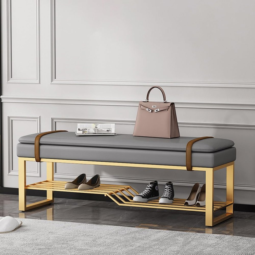 HomeLoft Basics Storage Bench Industrial Leather Entryway Shoe Boots Storage Rack Long Bench Seat with Metal e, Foot Stool n Footrest for Hallway Bedroom Cloakroom (Color : /Gray)