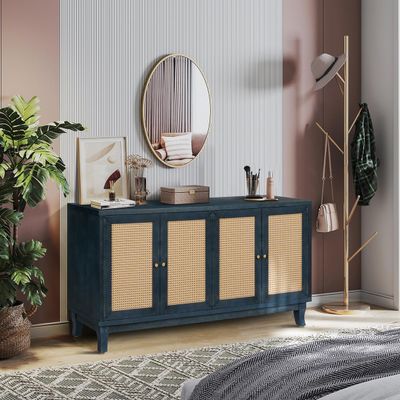 ZZKBTOPXY 60" American Vintage Rattan Cabinet with 4 Doors, Rattan Console Table, Buffet Cabinet with Storage, Large Accent Storage for Dining Room, Entrance Hall (Antique Navy Blue)
