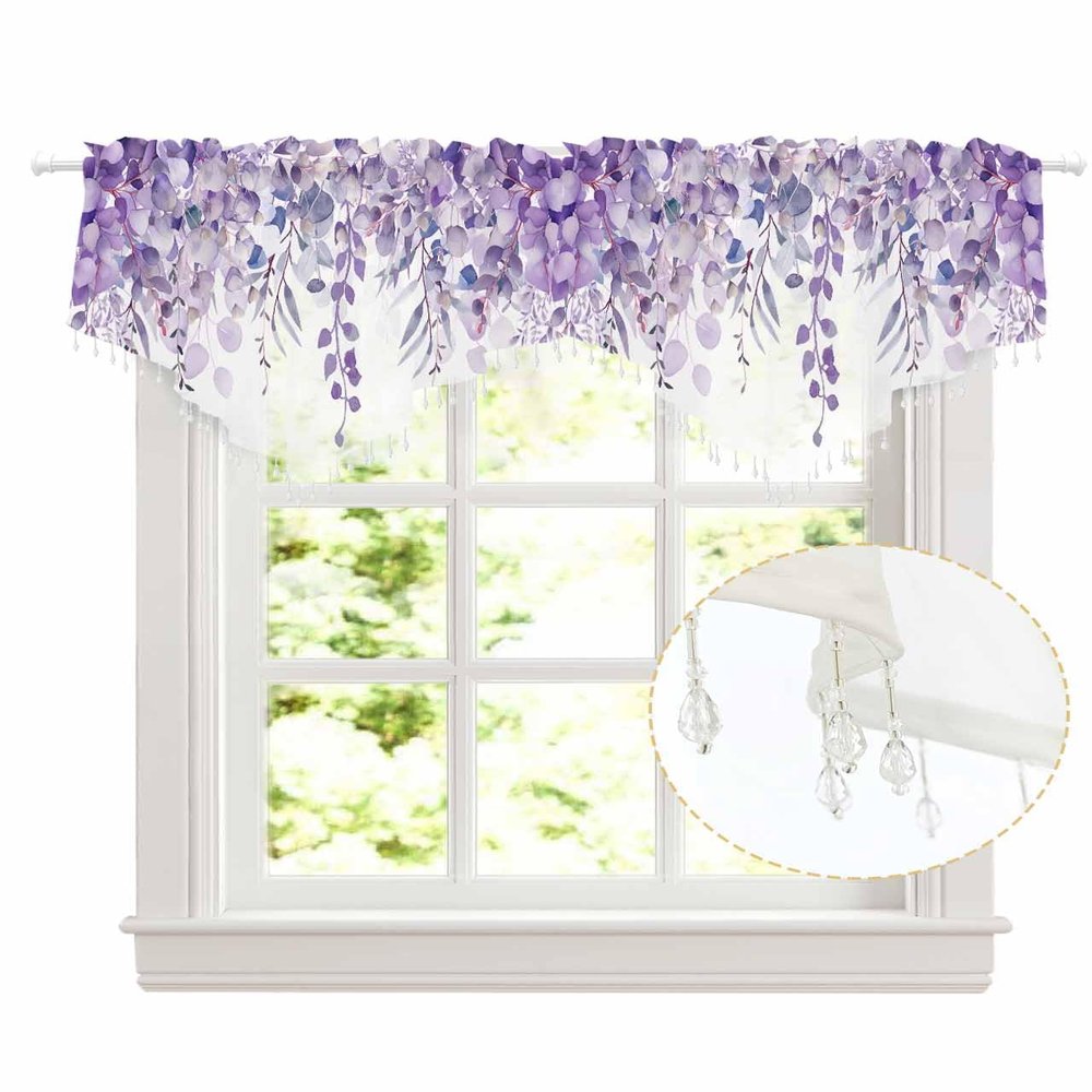 2 Panels Beaded Sheer Valance Curtains for Living Room 52"x18", Spring Eucalyptus Leaves Watercolor Botanical Plant Rustic Purple Leaves Rod Pocket Waterfall Valances for Kitchen/Bathroom/Bedroom