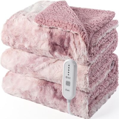 Dowin Heated Blanket Throw,Pink Heating Throw Blanket 50" x 60" Reversible Faux Fur & Sherpa,5 Heat Levels & 4Hrs Auto Off, Over-Heat Protect,ETL Certification Machine Washable,Idea Gift
