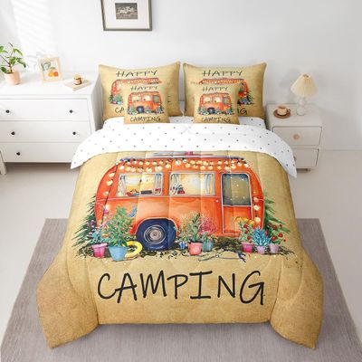 Erosebridal Watercolor Camper Bedding Set King 7 Piece,Happy Camping Car Comforter Set with Sheet Set for Travel Trailers Bunk,Cute Rustic Farmhouse Floral Rv Bed in A Bag Reversible