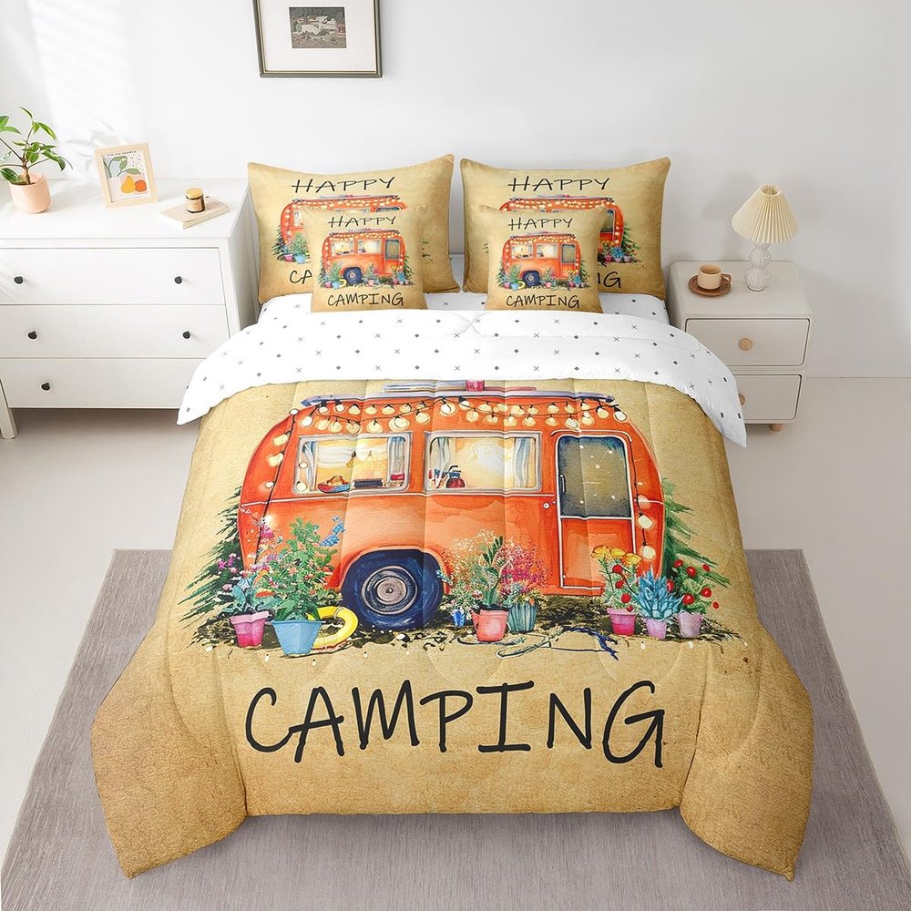 Erosebridal Watercolor Camper Bedding Set King 7 Piece,Happy Camping Car Comforter Set with Sheet Set for Travel Trailers Bunk,Cute Rustic Farmhouse Floral Rv Bed in A Bag Reversible