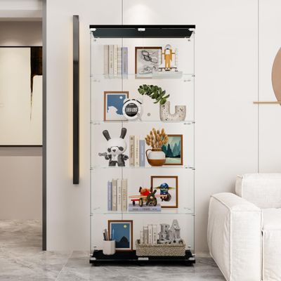 Henf Glass Display Cabinet with 5 Shelves, Double Doors Curio Cabinets Modern Floor Standing Storage Collection Display Case for Living Room Bedroom Office, 74.33 x 31.7 x 14.3 in,Black