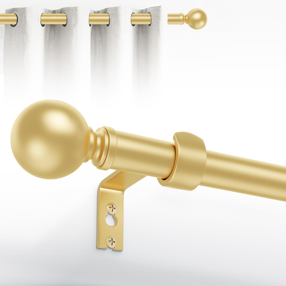 HeiDear Curtain Rods for Windows 48 to 84 Inches, 5/8" Gold Metal Curtain Rod, Adjustable Single Window Rods for Bedroom, Living Room, Kitchen, Office