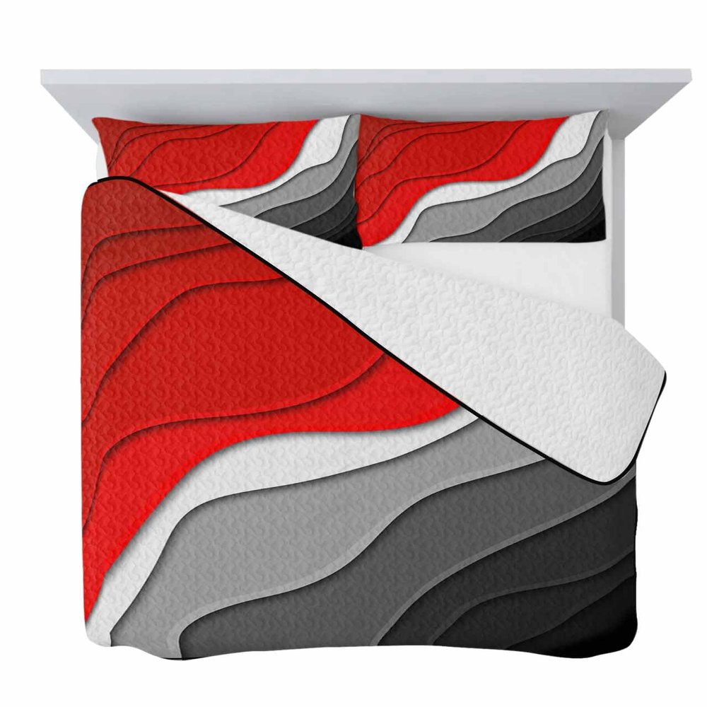 Summer Quilts Full Size, Lightweight Quilted Coverlet Red and Black Gradient Modern Comforter Set for Bed, All Season Bedspreads Geometric Abstract Soft Quilt Bedding with 2 Pillowcases 78x90 Inch