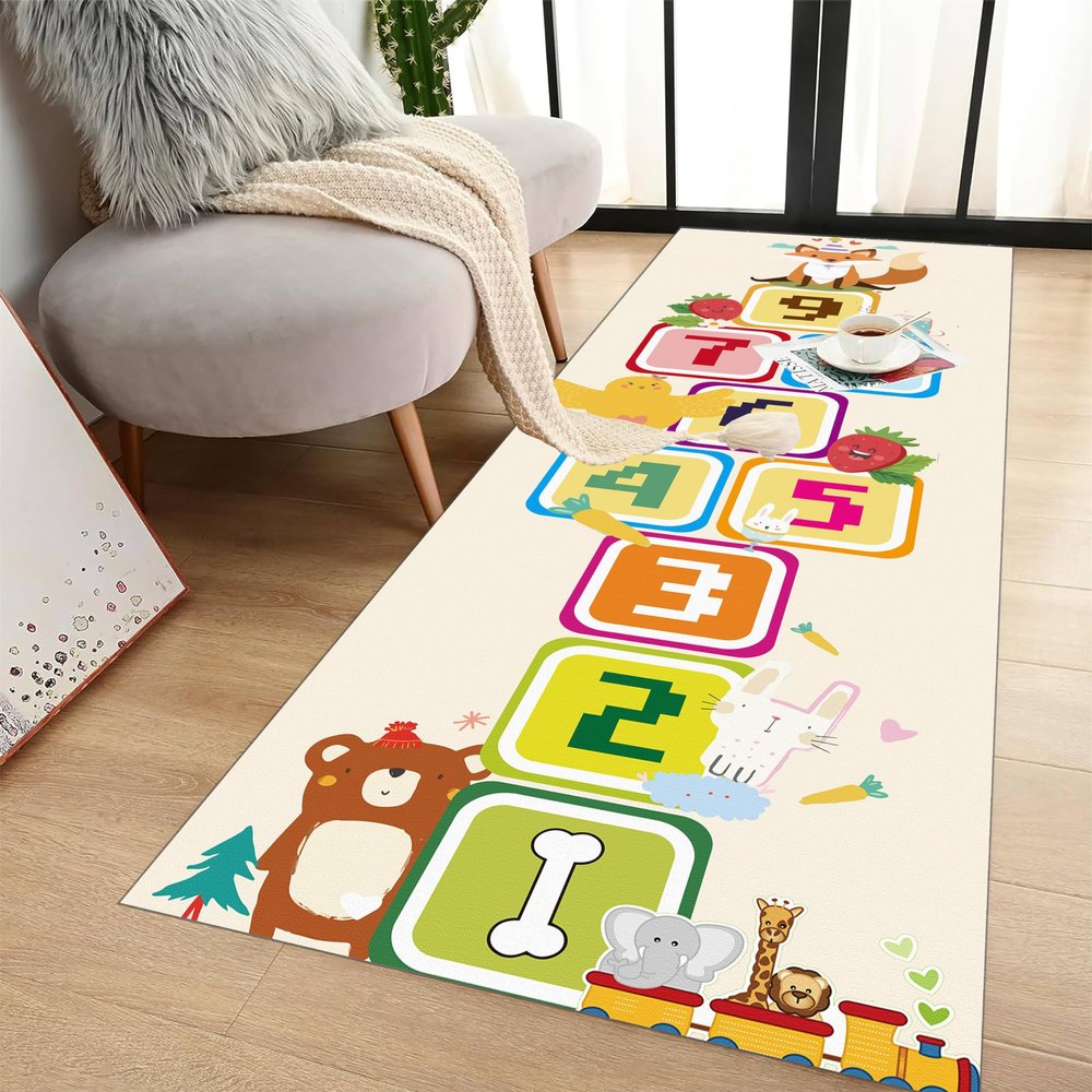 RUGROOM Super Soft Non-Slip Baby Play Mat Cartoon Cute Wildlife Print Hopscotch Play Rug Digital Learning Educational Runner Rug for Crawling and Playing Foldable Gift Mat Playroom Rugs 2x8ft