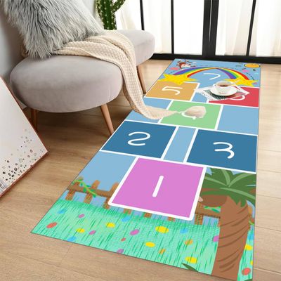 RUGROOM Super Soft Non-Slip Baby Play Mat Cartoon Cute Monkey Rainbow Print Hopscotch Play Rug Learning Education Runner Rug for Crawling and Playing Foldable Gift Mat Playroom Rugs 3x6ft