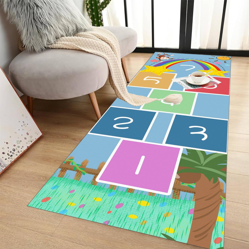 RUGROOM Super Soft Non-Slip Baby Play Mat Cartoon Cute Monkey Rainbow Print Hopscotch Play Rug Learning Education Runner Rug for Crawling and Playing Foldable Gift Mat Playroom Rugs 3x6ft