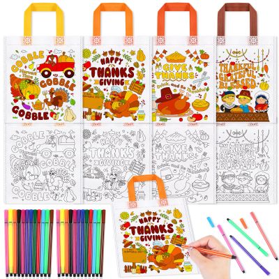 HOWAF 12pcs Thanksgiving Holiday Coloring Goodie Bags with Paint Pens for Kids, Give Thanks Coloring Candy Bags Turkey Day Coloring Gift Bags, Thanksgiving Reusable Canvas Bag Party Favors Coloring