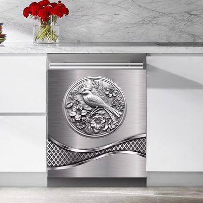 Stainless Steel Design Bird Painting Dishwasher Magnet Cover Sticker,Refrigerator Magnet Cover Decal Fridge Microwave Stickers Kitchen Decor,23 x 26 Inch