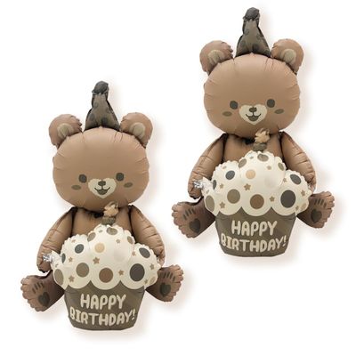2 Pcs 4D Happy Birthday Bear Foil Balloon Happy Birthday Hug Cake Bear Mylar Balloon for Birthday Party Baby Shower Jungle Woodland Animal Farm Safari Theme Party Decoration