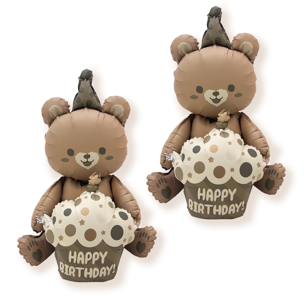 2 Pcs 4D Happy Birthday Bear Foil Balloon Happy Birthday Hug Cake Bear Mylar Balloon for Birthday Party Baby Shower Jungle Woodland Animal Farm Safari Theme Party Decoration