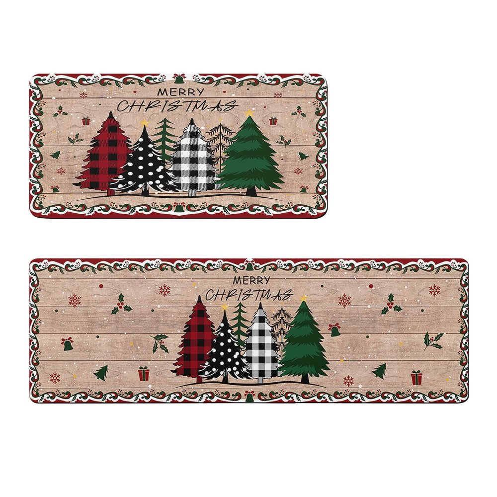 Xmas Tree Bath Mat for Tub Non Slip Bathroom Floor Runner Rug Quick Dry & Absorbent Diatomaceous Earth Shower Sink Bedroom Kitchen Doormat 20x32+20x63 Christmas Farmhouse Snowflake Dot Plaid Berry