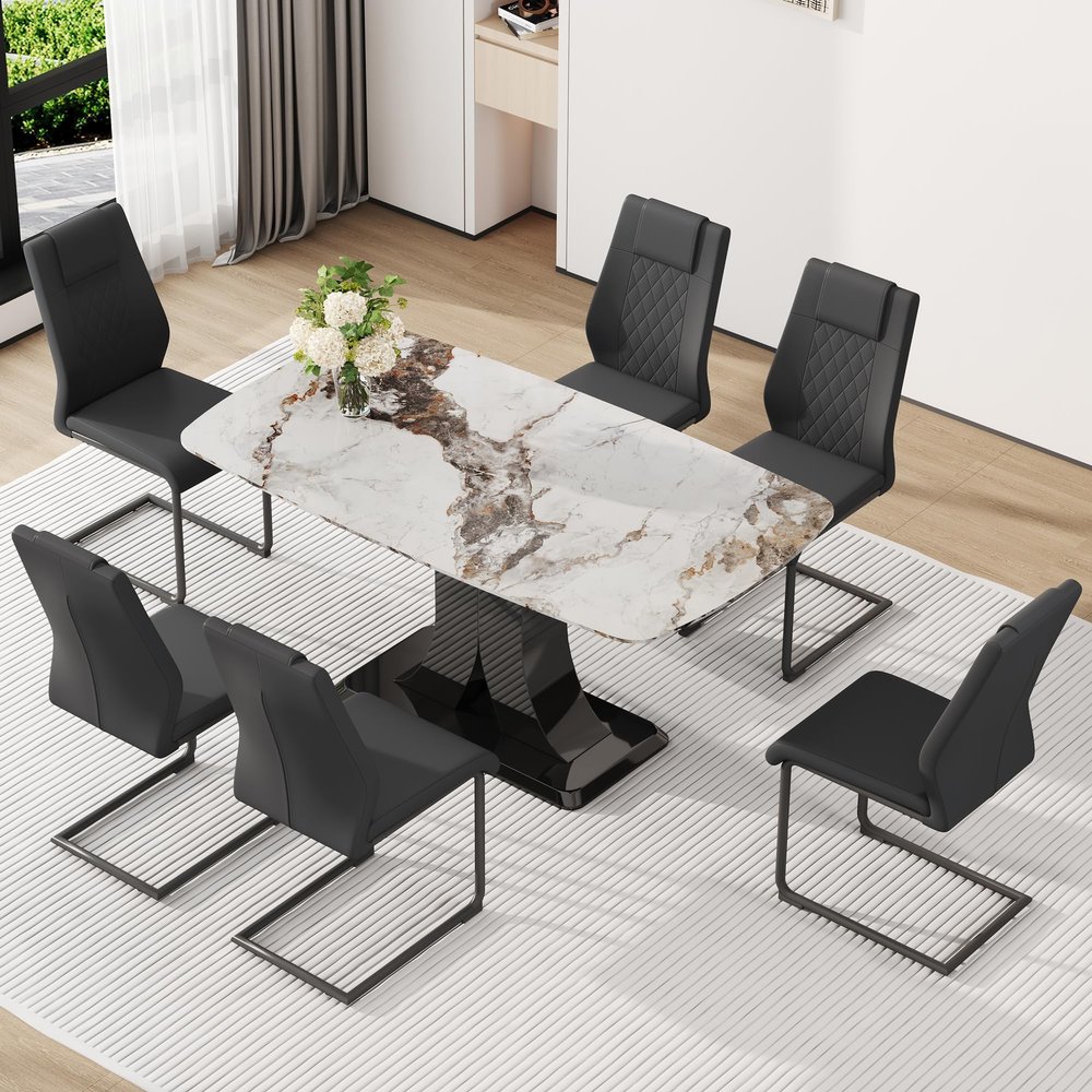 Btikita Modern Dining Table Set for 6, Glass Kitchen Table Chairs Set, 63'' Faux Marble Kitchen Table with 6 PU Leather Upholstered Chair for Dining Room (Black-B, 1 White Table + 6 Chair)