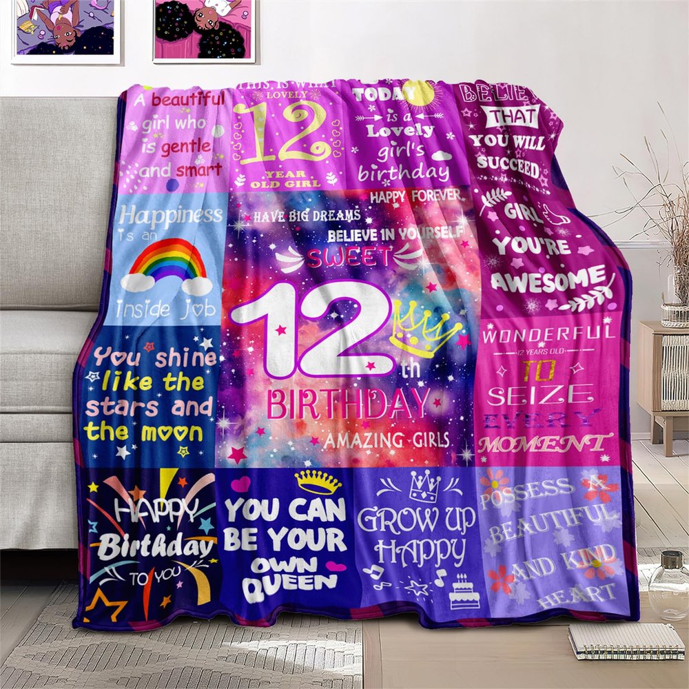 12th Birthday Gifts for Girls - Crown Throw Blanket, Soft Flannel, 60"x50"