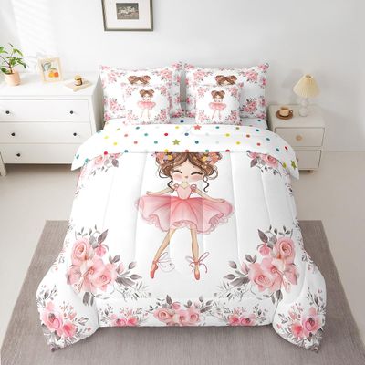7 Piece Ballet Bed in a Bag Queen for Girls Kids Ballerina Design Sheet Set Cute Little Dancers Bedding Comforter Rose Flower Bed Sets Girly Love Gymnastics Modern Trendy Pink White Cushion Covers