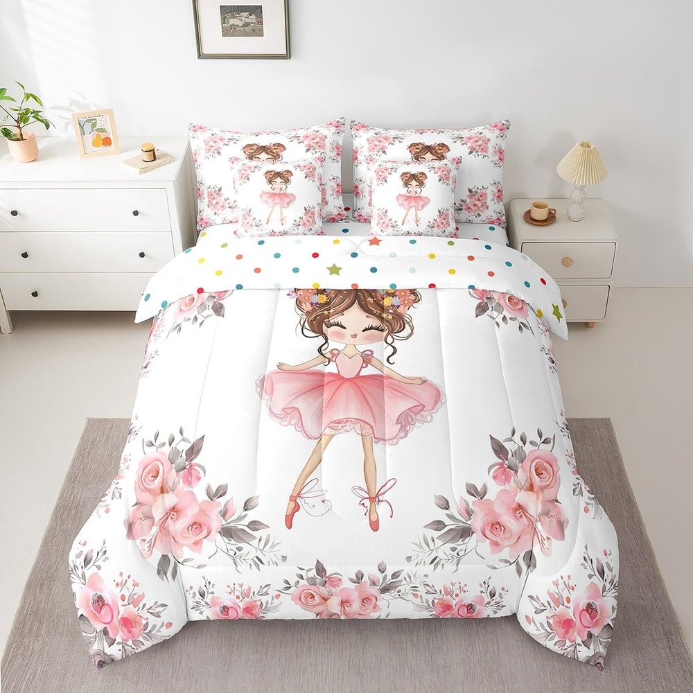 7 Piece Ballet Bed in a Bag Queen for Girls Kids Ballerina Design Sheet Set Cute Little Dancers Bedding Comforter Rose Flower Bed Sets Girly Love Gymnastics Modern Trendy Pink White Cushion Covers