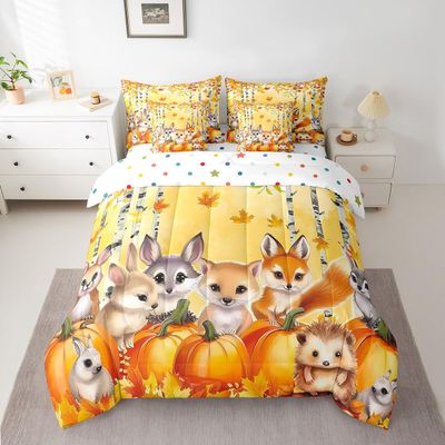 7 Piece Thanksgiving Day Gifts Bed in a Bag for Boys Girls Cute Fox Hedgehog Squirrel Owl Sheet Set Autumn Harvest Fall Decor Bedding Comforter Fall Season Farm Pumpkin Cushion Covers Full