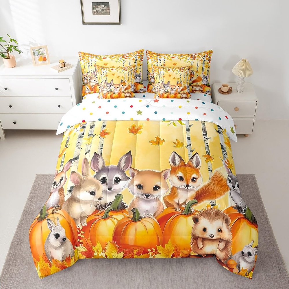 7 Piece Thanksgiving Day Gifts Bed in a Bag for Boys Girls Cute Fox Hedgehog Squirrel Owl Sheet Set Autumn Harvest Fall Decor Bedding Comforter Fall Season Farm Pumpkin Cushion Covers Full