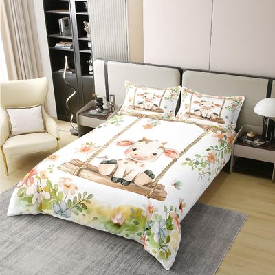 100% Natural Cotton Cartoon Cow Bedding Set King Size Watercolor Fowers Duvet Cover Luxury Light Cute Swing Animal Comforter Cover (No Comforter)