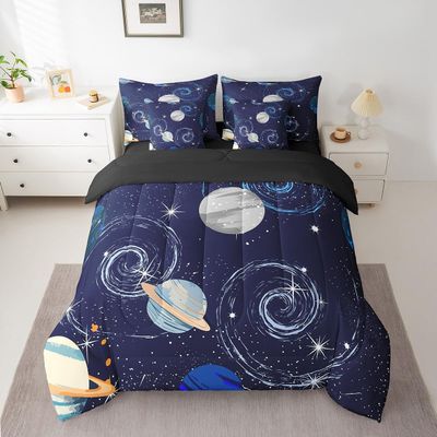 7 Piece Galaxy Bed in a Bag Queen for Girls Boys Outer Space Sheet Set,Universe Themed Bedding Set with Comforter for Teens Kids Galaxy Theme Fitted Sheet,Solar System Planet Print Cushion Covers Blue