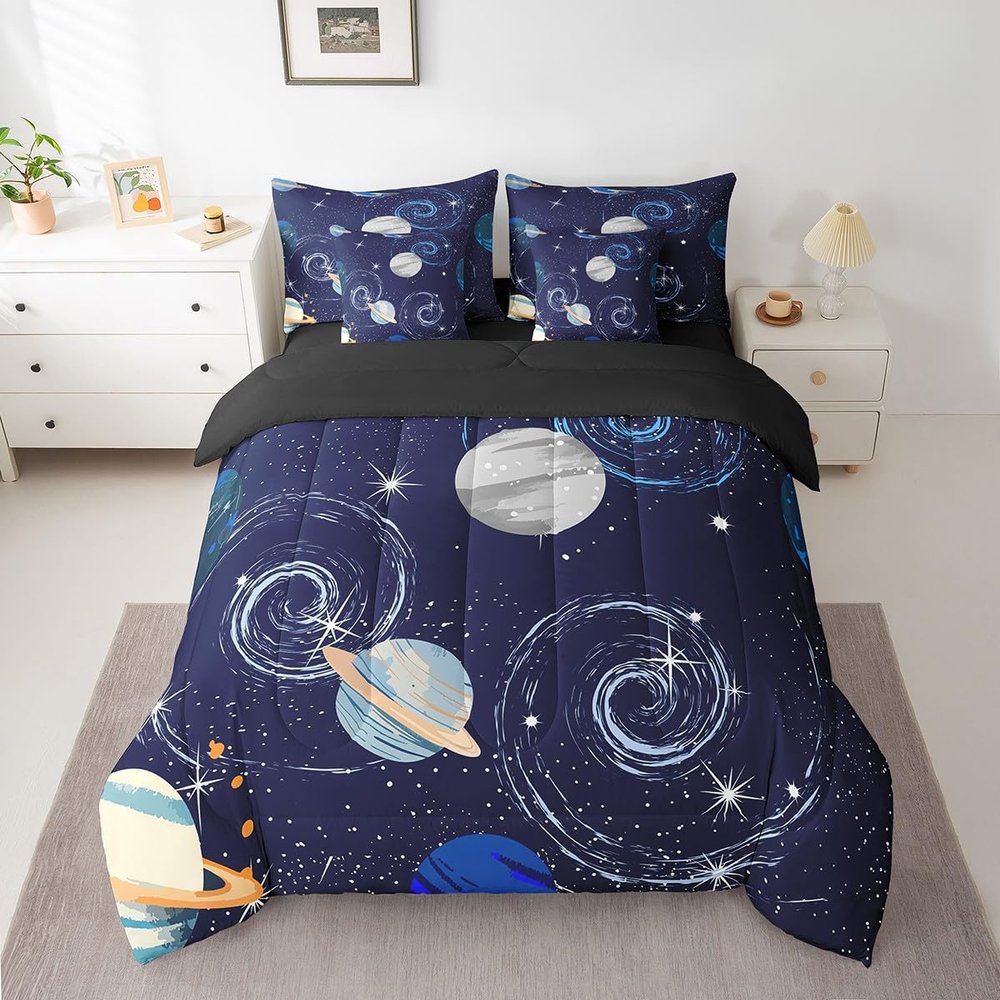 7 Piece Galaxy Bed in a Bag Queen for Girls Boys Outer Space Sheet Set,Universe Themed Bedding Set with Comforter for Teens Kids Galaxy Theme Fitted Sheet,Solar System Planet Print Cushion Covers Blue