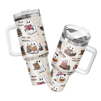 34HD Boo Ghost Reading Tumbler 40oz with Handle & Straw, Funny Monster Vacuum Insulated Travel Coffee Cup for Book Lovers, Bookish Items on Halloween - Birthday Present to Him Her