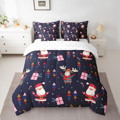 7 Piece Santa Claus Bed in a Bag King for Boys Girls Kids Christmas Sheet Set Christmas Themed Bedding Comforter Christmas Elk Decor Bed Sets Happy New Year Winter Themed Cushion Covers Blue