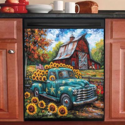 Farmhouse Sunflower Autumn Dishwasher Magnet Cover Sheet Vintage Truck Sticker Red Barn Decoration Kitchen Appliance - Fall Harvest Front Cover for Refrigerator Dish Washer 23x26 inch
