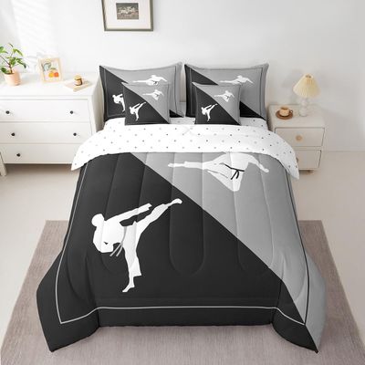Castle Fairy 7 Pieces Taekwondo Comforter Set for Kids Black Gray Bedding Set Queen Size,Japanese Style Comforter for Boys Girls Adult Kungfu Super Soft Fade Resistant Microfiber Bedding