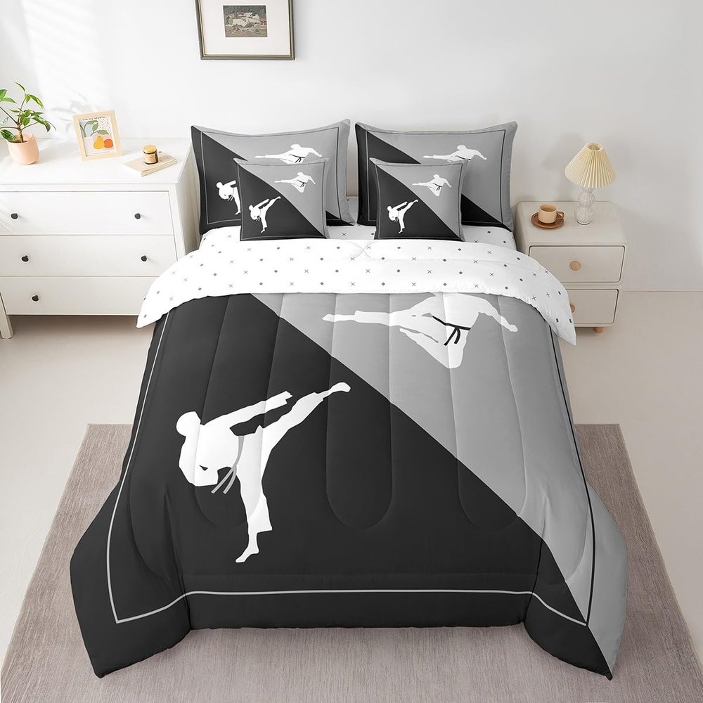 Castle Fairy 7 Pieces Taekwondo Comforter Set for Kids Black Gray Bedding Set Queen Size,Japanese Style Comforter for Boys Girls Adult Kungfu Super Soft Fade Resistant Microfiber Bedding
