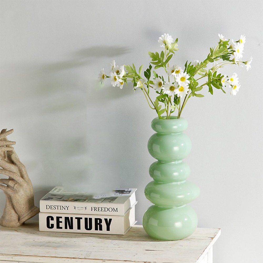 belupai 11.8in Cobblestone Shape Vase, Glass Bubble Flower Vase Hydroponic Plant Glass Container Modern Dried Flowers Vase Boho Decorative Bud Vase for Wedding,Living Room, Home,Table(Green)