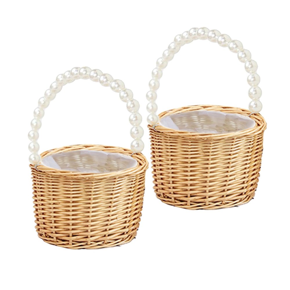 BEIJIALY 2 pcs Wicker Wedding Flower Girl Baskets, Pearl Handle Flower Girl Basket for Weddings, Woven Rattan Storage Basket, Wedding Petal Basket, Woven Eggs Candy Basket for Decor(Small-Khaki)