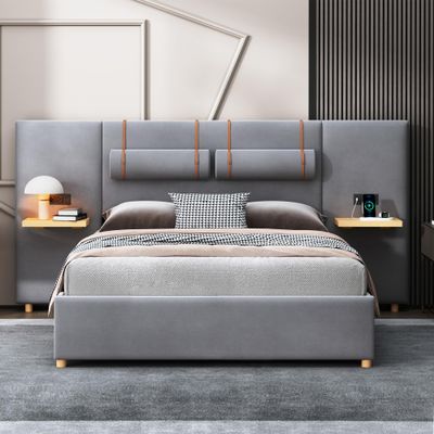VilroCaz Modern Queen Size Upholstered Platform Bed with Large Ultra-Soft Headboard and Shelf, Velvet Fabric Platform Bed Frame with 2 Bedside Pillows, Sturdy Slat Support (Gray-M, Queen)