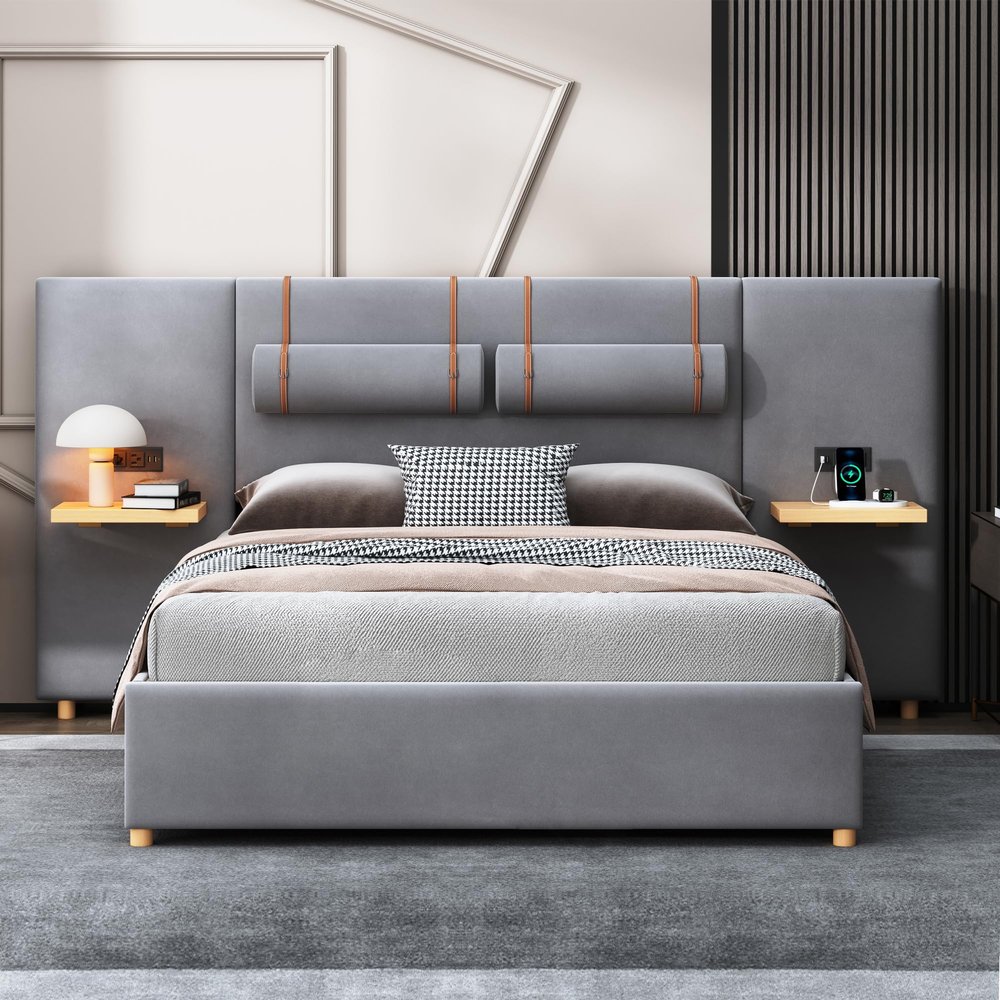 VilroCaz Modern Queen Size Upholstered Platform Bed with Large Ultra-Soft Headboard and Shelf, Velvet Fabric Platform Bed Frame with 2 Bedside Pillows, Sturdy Slat Support (Gray-M, Queen)