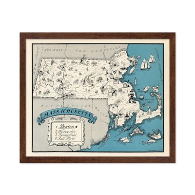 Poster Master Vintage Poster - Retro Massachusetts Print - Massachusetts State Art - Gift for Teacher, Student, Travel Lover - Decor for Classroom, Office, Dorm, 8x10 Brown Framed