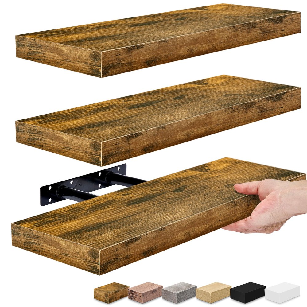 Sorbus Floating Shelves for Wall, Bathroom Shelves Wall Mounted for Kitchen, Bedroom, Bathroom Storage Over Toilet, Hanging Book Shelf for Wall Home Decor Living Room (Rustic Brown, 3 Pack)