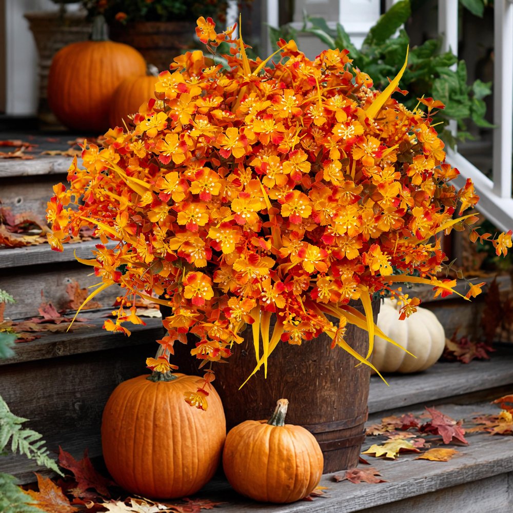 AXYLEX Artificial Mums for Outdoor Fall Flowers - Fake Plants UV Resistant No Fade Faux Plastic Home Decor Garden Porch Patio (1, OrangeMixed)
