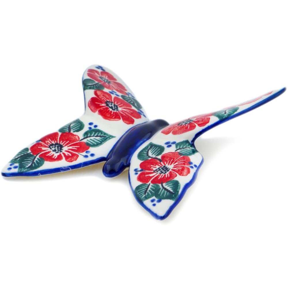 Polmedia Polish Pottery Butterfly Figurine UNIKAT - Poppies Meadow Pattern Handmade in Boleslawiec Poland + Certificate of Authenticity